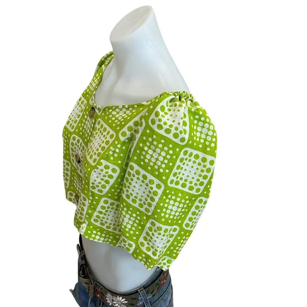The Odells Patchwork Crop Top LARGE Bright Green Smocked Linen Designer $148 - Picture 7 of 10
